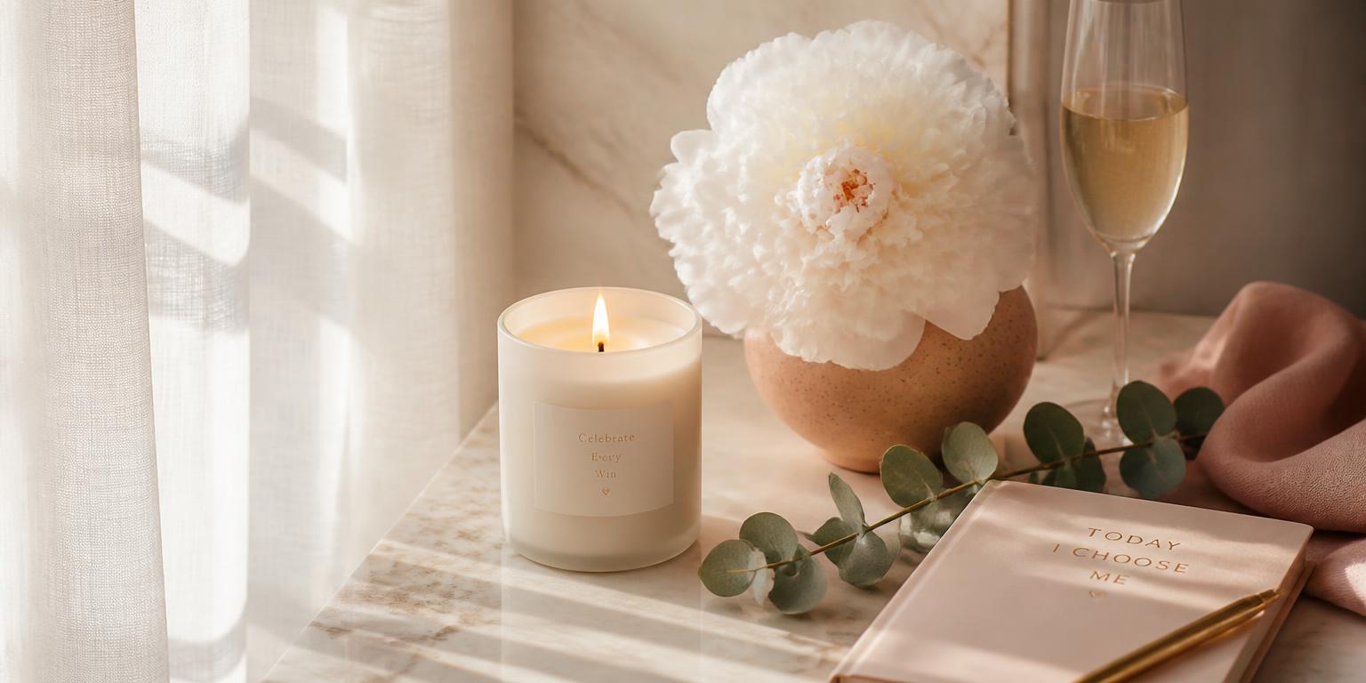Pivoine blanche, bougie et eucalyptus sur marbre crème