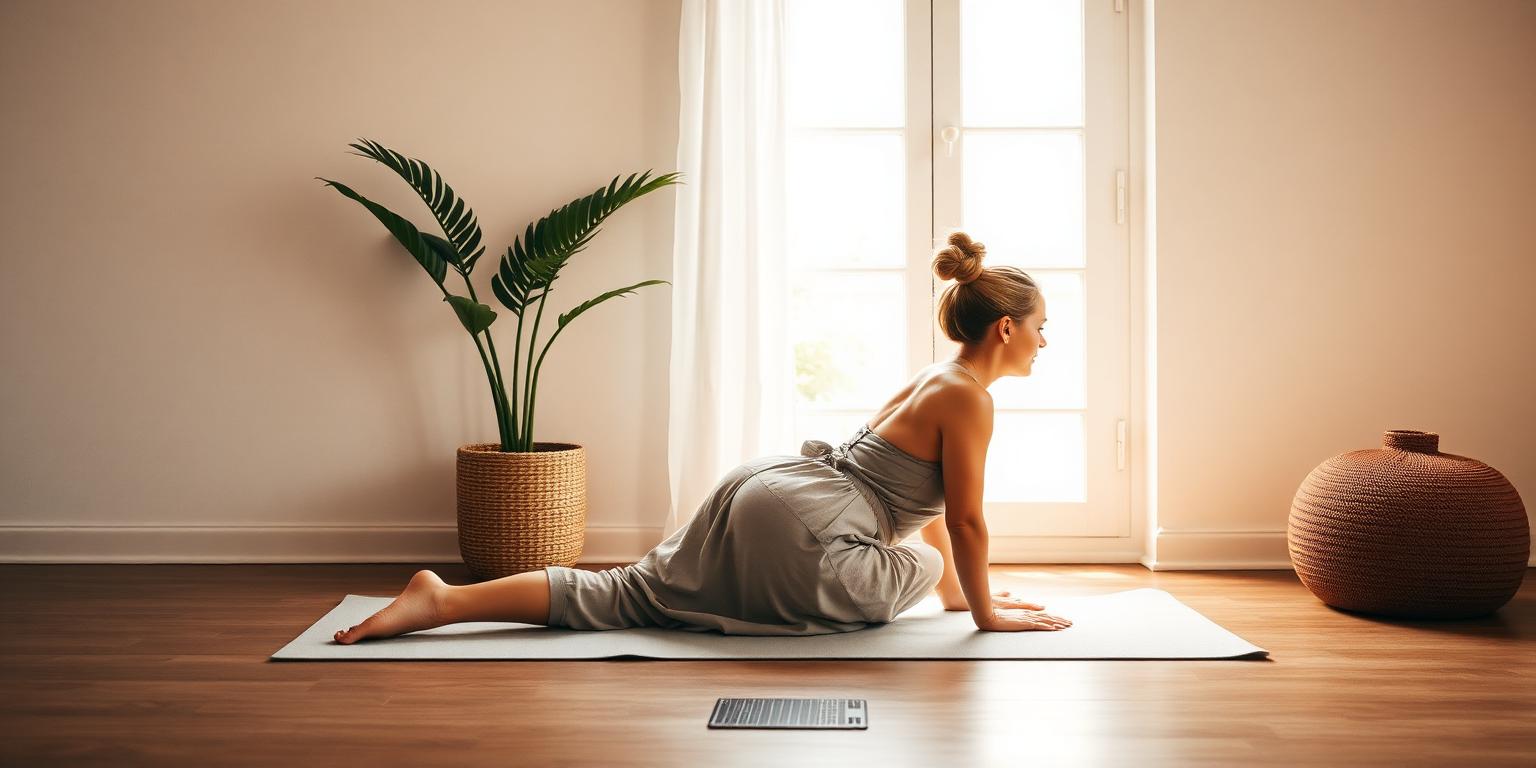 Femme s'étirant doucement sur un tapis près d'une fenêtre