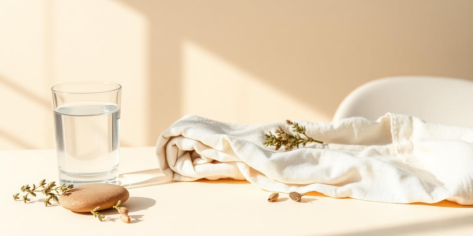 Verre d'eau, linge de lin et plantes séchées