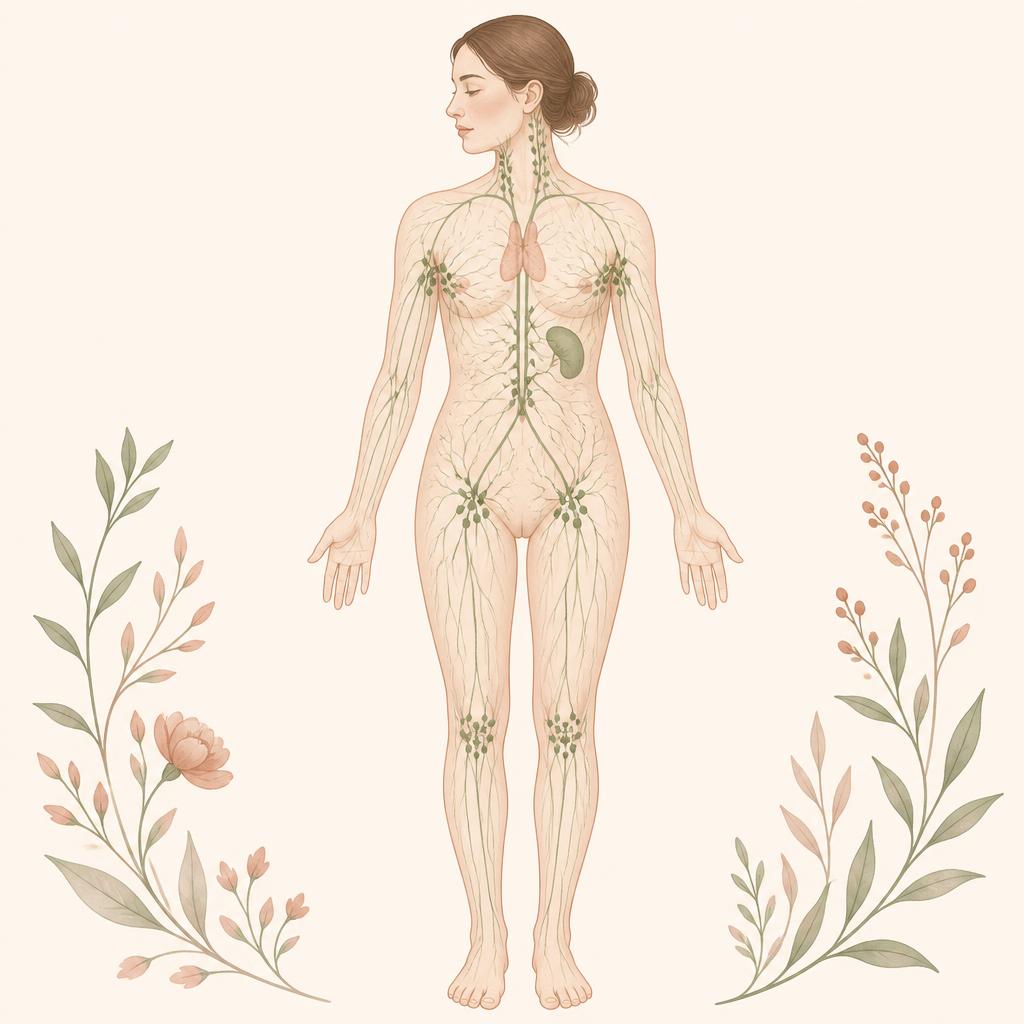 Schéma du système lymphatique : vaisseaux lymphatiques et ganglions (cou, aisselles, aine, genoux)
